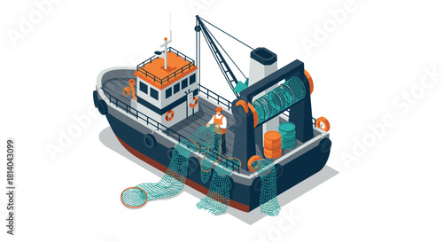 Isometric fishing boat with nets and buoys in a vector style
