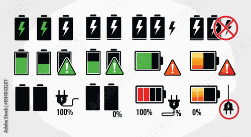 Battery Charge Level Indicators Showing Full, Partial, and Empty States with Charging Plug Connection on White Background, Illustrating Power Status for Electronic Devices and Mobile Applications, Use