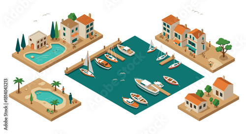 Isometric coastal village with boats and houses around marina