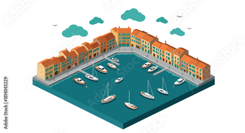 Charming isometric harbor scene with colorful buildings and boats