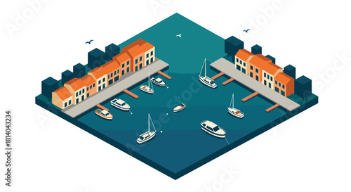Isometric coastal marina with boats and pier in harbor town