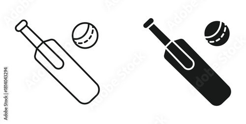  cricket bat and ball icon set in outline and silhouette style, representing sports and outdoor activity, vector illustration.