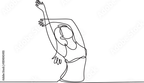 Continuous line art or One Line Drawing of a woman stretching arms is relaxing picture. one line Icon drawing with white background