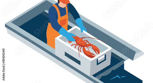 Isometric fisherman sorting lobsters on boat deck in ocean scene