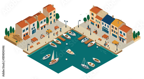 Charming isometric coastal town with boats and colorful buildings along the waterfront