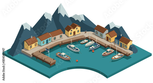 Isometric mountain harbor scene with boats and colorful cabins