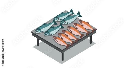 Isometric display of fresh fish on market table