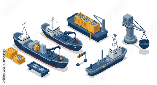 Isometric cargo ships and port equipment in a modern harbour scene