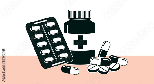 Pharmaceutical Medications Illustration: Diverse Pill Forms for Health and Wellness Concepts in Modern Healthcare Setting, Medical Treatment, Pharmacy, Doctor Visit. Drugs, Capsules, Tablets, Blister