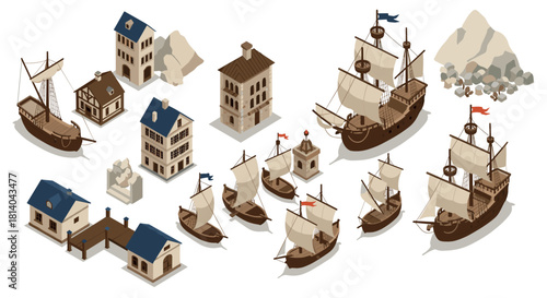 Historical maritime isometric set with vintage sailing ships and buildings