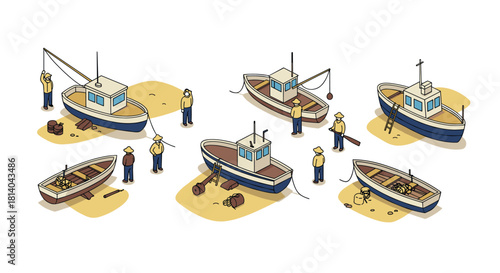Isometric fishing boats and workers on shoreline