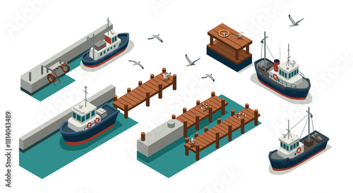 Isometric harbor scene with fishing boats and wooden docks in seaside setting