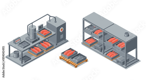Isometric fish processing plant with conveyor and storage shelves