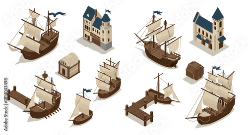 Isometric sailing ships and nautical structures collection