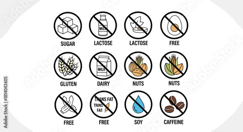 Allergen Information Icons Displaying Dietary Restrictions Against Food Allergies, Intolerances, or Sensitivity in a Clean, Modern Style for Healthcare, Nutrition, and Wellness Presentations (Sugar, L