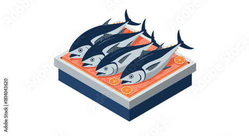 Isometric tuna on cutting board with lemons fresh seafood presentation art