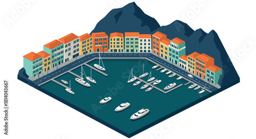 Isometric coastal marina scene with colorful buildings and boats
