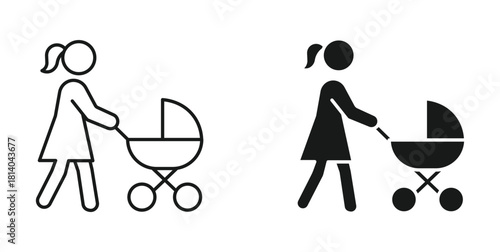 Mother with baby stroller icon set in outline and silhouette style, representing parenting and childcare, vector illustration.