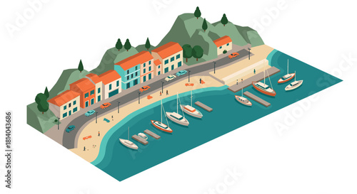 Coastal townscape with marina in isometric design featuring boats and colorful houses