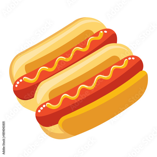 Two hot dogs in soft buns topped with ketchup and mustard, arranged side-by-side on a clean white backdrop. High-resolution detail with a natural studio look.