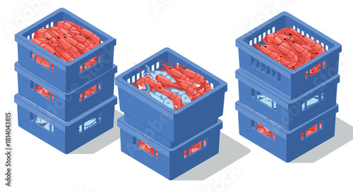 Isometric blue crates filled with red and blue fish in commercial fishing storage