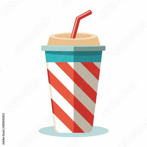 A disposable soda cup with lid and striped straw standing upright on a white background. Simple commercial composition with balanced lighting and crisp edges.