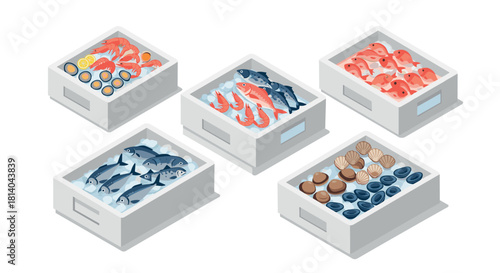 Isometric seafood assortment in white boxes with fresh fish and shellfish