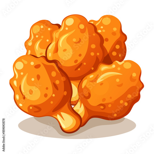 Crispy fried chicken drumsticks and thighs arranged neatly on a white background. Visible seasoning texture, bright studio setup, and a simple modern presentation.