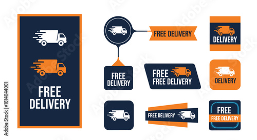 Express Delivery Service Logos:  Fast Shipping Icons for E-commerce & Retail  Marketing,  Modern Graphics for Online Business, Distribution, Logistics  Promo,  Graphic Design Elements with Vans, Couri