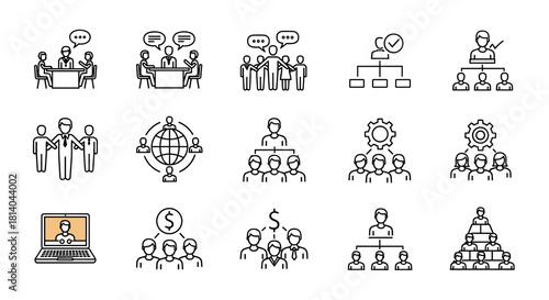 Business Team Collaboration and Communication Icons Illustrating Teamwork, Organization, Global Networking, and Online Meetings for Corporate Presentations and Modern Workplace Visuals, Linear Style,