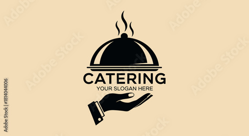 Elegant Catering Service Logo Design with Tray Held in Hand Illustration for Restaurant, Events, and Culinary Business Branding. Professional Food Services Identity, Modern Minimalist Style, Cream Bac