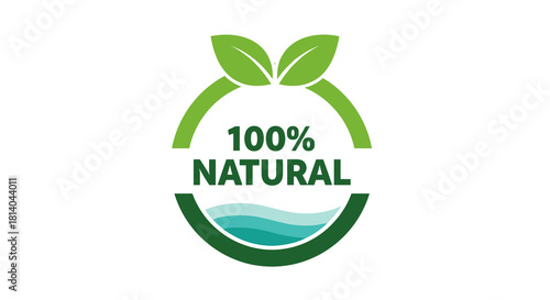 100% Natural Product Label Design Promoting Eco-Friendly Lifestyle, Featuring Green Leaves and Water Waves for Organic, Sustainable Business Branding and Marketing Materials, Ideal for Healthcare Indu