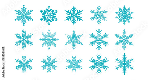 Collection of Turquoise Snowflakes for Winter Holiday Designs: Decorative Graphic Resource with Frozen Crystal Shapes,  Ornamental Snow Flurries for Festive Seasonal Invitations,  Christmas and New Ye