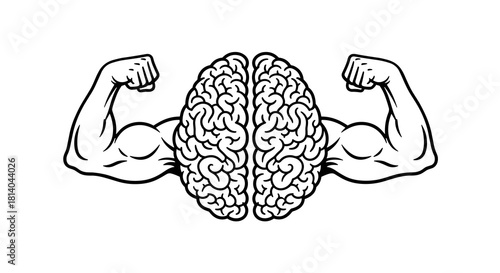 Powerful Brain Flexing Muscles Illustration: Emphasizing Mental Strength & Cognitive Abilities, Brainpower Metaphor, Creative Thinking Concept for Education, Business Presentations, Strong Minded Idea