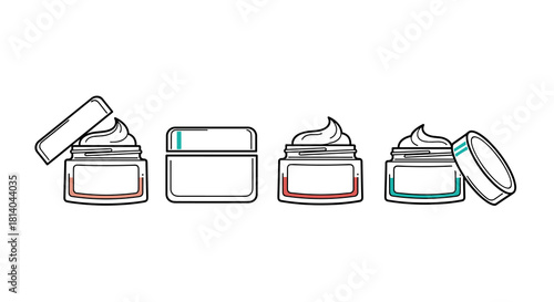 Cosmetic Cream Jars Arrangement: Skincare Product Containers in Varied Shapes for Beauty and Wellness, Dermatology in Minimalist Outline Style for Advertising, Marketing, Healthcare Presentation, Spa