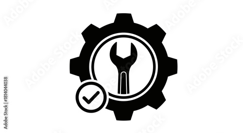 Completed Maintenance Workflow: Black Gear Icon with Wrench and Checkmark for Service Completion, Engineering, and Technical Support in a Modern Business Setting (Process Automation, Repair, Configura