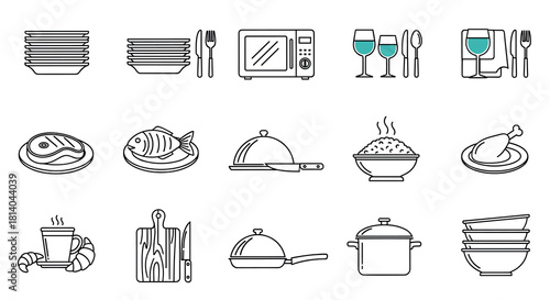 Culinary Icons Ready for Preparation: Modern Line Art Illustration Featuring Dinnerware, Cooking Appliances, and Gourmet Food on Display for Restaurant Menus, Recipe Presentations, & Food Industry Mar
