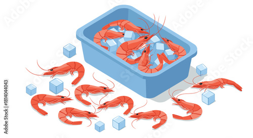 Isometric shrimp and ice cubes fresh seafood concept in a minimalist style