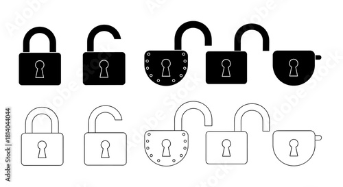 Collection of Padlock Icons in Open and Closed Positions Illustrating Security Concepts for Business, Technology, and Privacy in Simple Black and White Designs for Presentations and Marketing Material