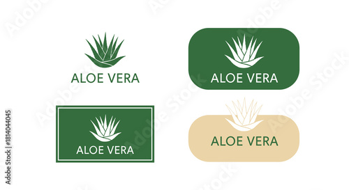 Four Aloe Vera Logos for Botanical Healthcare Branding, Modern Cosmetic Industry Identity, Medical Treatment Concepts and Natural Skincare Packaging Design on White Background, Medicinal Plant Illustr