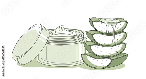 Aloe Vera Skincare Preparation: Natural Gel Cream Product, Open Jar Next to Sliced Leaves for Cosmetic Dermatology Treatment, Beauty, Wellness, Hydration in Green Tones for Presentation, Marketing, an