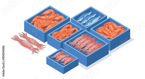 Isometric seafood display with fresh fish, shrimp, and squid in blue boxes