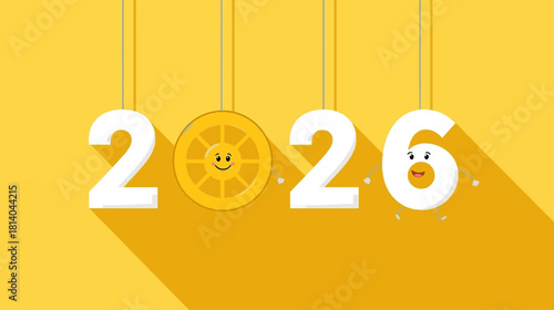 Playful cartoon numbers 2026 with happy faces and eyes celebrating a fun and lively year