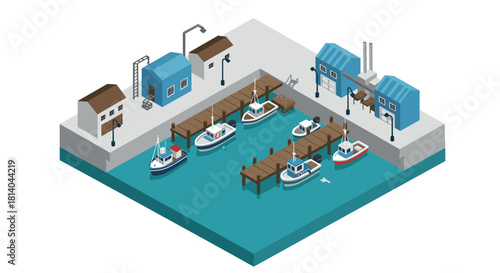 Isometric fishing harbor with boats and pier in coastal dock scene