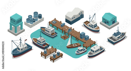 Isometric harbor scene with fishing boats and dock structures