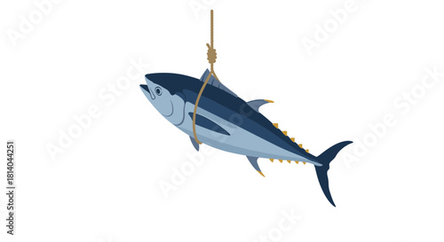 Tuna fish hanging on rope detailed marine life illustration