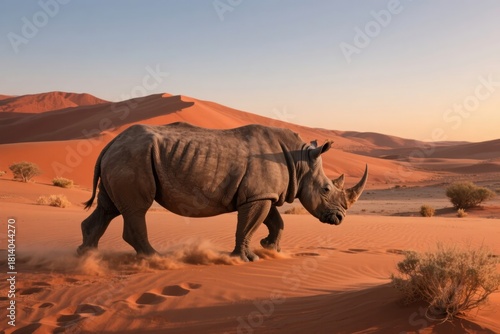 Fototapeta Naklejka Na Ścianę i Meble -  A rhinoceros walking across a sandy desert landscape with dunes and sparse vegetation under a clear sky