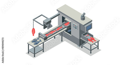 Isometric fish processing conveyor with fresh seafood in modern facility