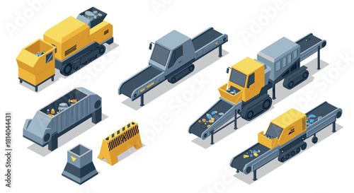 Isometric industrial factory machines and conveyor belts for construction and manufacturing design