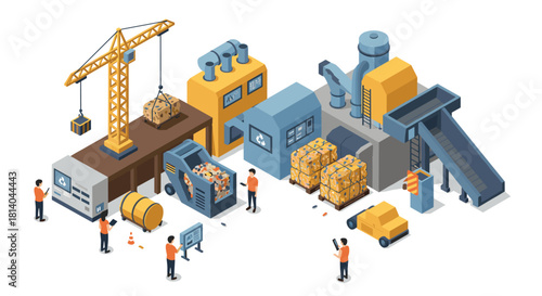 Isometric recycling process with machines and workers in a modern industrial setting